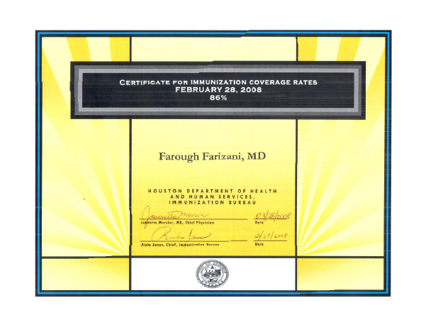 2008 Certificate for Immunization Coverage Rates