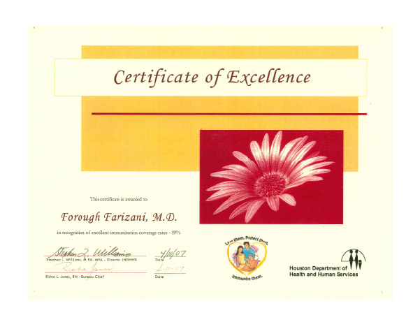 2007 Certificate of Excellence from the Houston Department of Health and Human Services