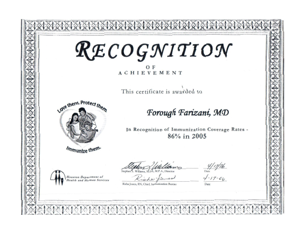 Recognition of Dr. Farizani for a high Immunization Coverage Rate in 2005