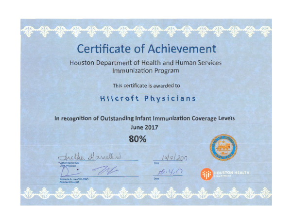 2017 Houston Department of Health and Human Services Immunization Program Certificate of Achievement
