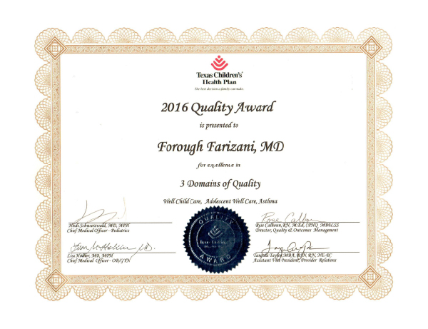2016 Quality Award from Texas Children's Health Plan