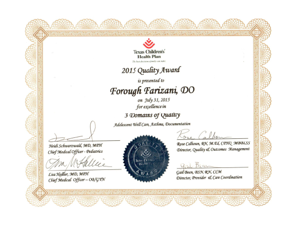2015 Quality Award from Texas Children's Health Plan for Dr. Forough Farizani
