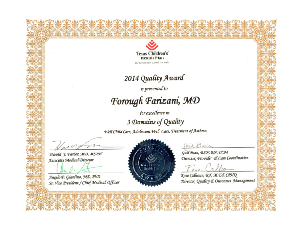 2014 Quality Award from Texas Children's Health Plan