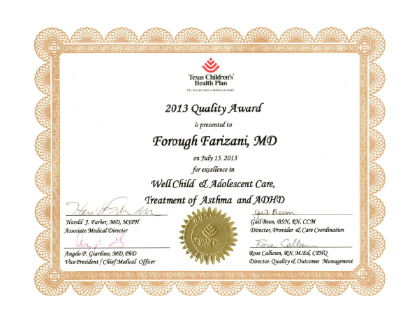 2013 Quality Award From Texas Children's Health Plan