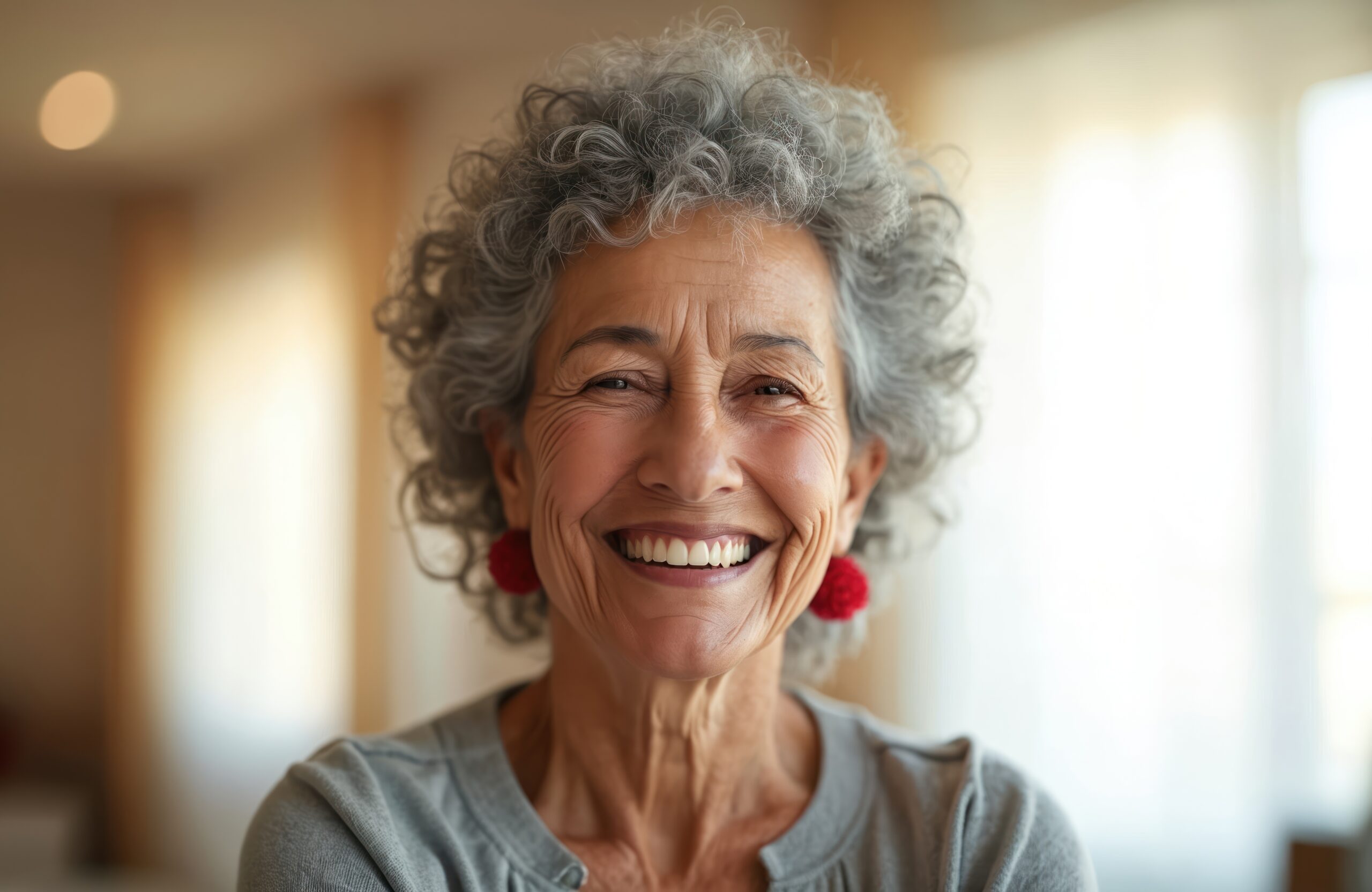 Portrait happy senior Mexican woman smiles in nursing home. Elderly lady with grey hair and red earrings. Retirement, senior living, aged care concept. senior patient